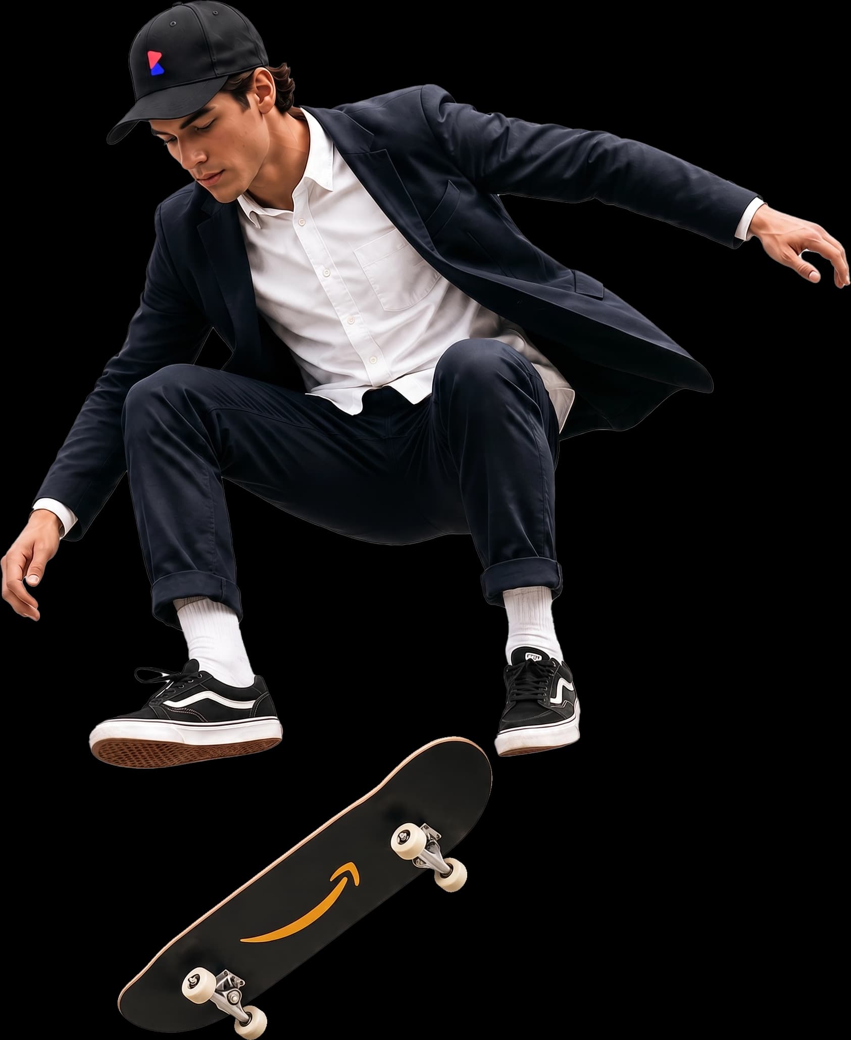 Man in pak maakt een skateboardsprong over een berg in de Brightways-kleuren.